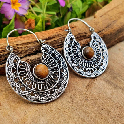 Tiger Eye & Silver Hoop Earrings Ethnic, rustic, yoga, hippie, gypsy, pretty, psy, boho, bohemian, festival