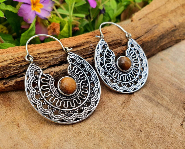 Tiger Eye & Silver Hoop Earrings Ethnic, rustic, yoga, hippie, gypsy, pretty, psy, boho, bohemian, festival