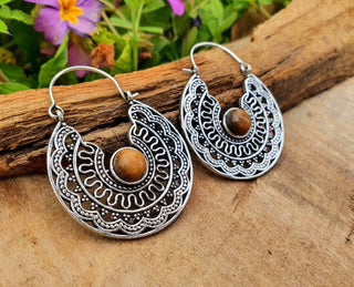 Tiger Eye & Silver Hoop Earrings Ethnic, rustic, yoga, hippie, gypsy, pretty, psy, boho, bohemian, festival