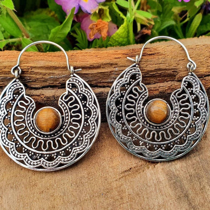 Tiger Eye & Silver Hoop Earrings Ethnic, rustic, yoga, hippie, gypsy, pretty, psy, boho, bohemian, festival
