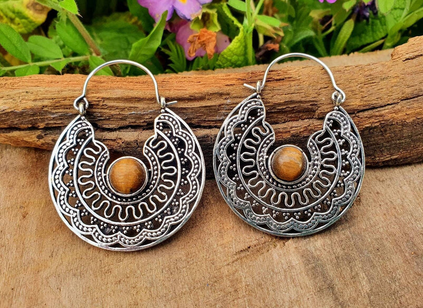 Tiger Eye & Silver Hoop Earrings Ethnic, rustic, yoga, hippie, gypsy, pretty, psy, boho, bohemian, festival