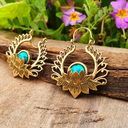 Golden Lotus Flower Turquoise Earrings rustic, yoga, hippie, gypsy, pretty, psy, boho, bohemian, festival