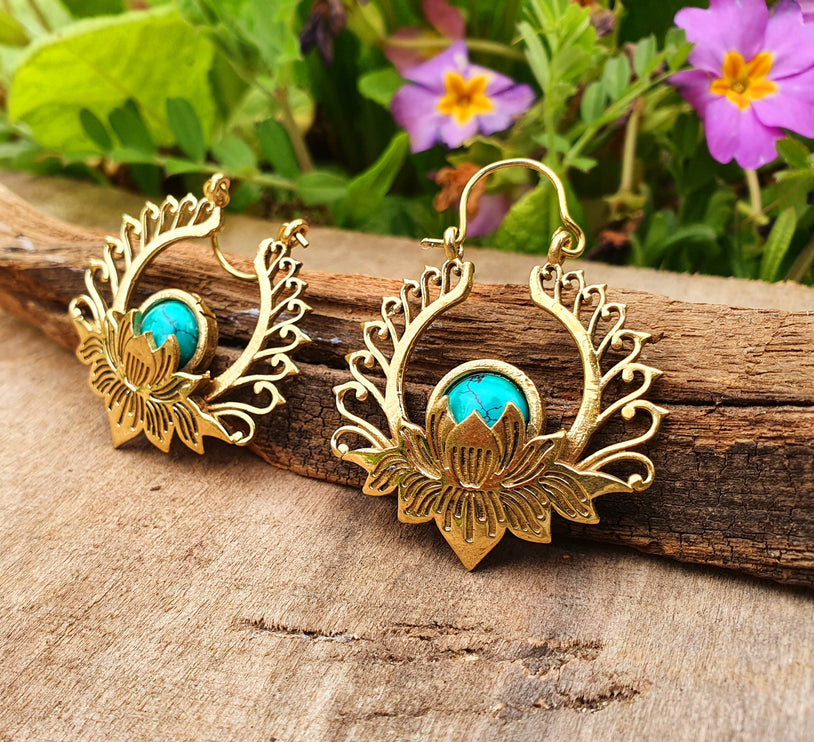 Golden Lotus Flower Turquoise Earrings rustic, yoga, hippie, gypsy, pretty, psy, boho, bohemian, festival