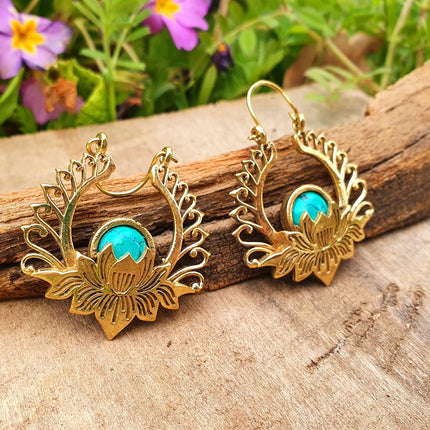 Golden Lotus Flower Turquoise Earrings rustic, yoga, hippie, gypsy, pretty, psy, boho, bohemian, festival