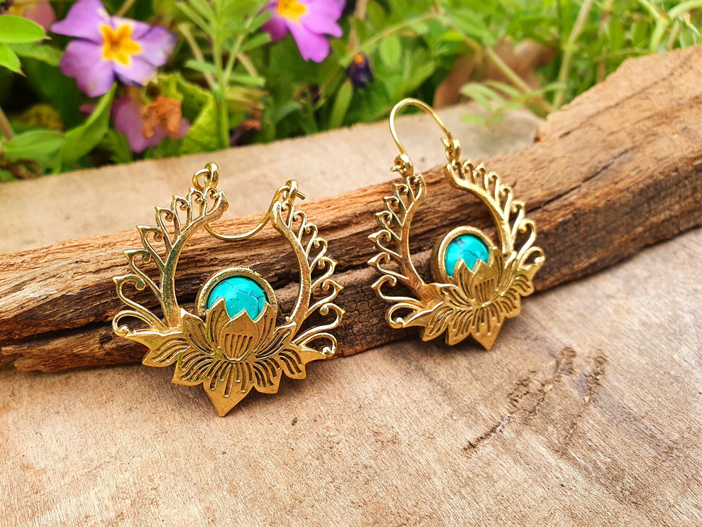 Golden Lotus Flower Turquoise Earrings rustic, yoga, hippie, gypsy, pretty, psy, boho, bohemian, festival