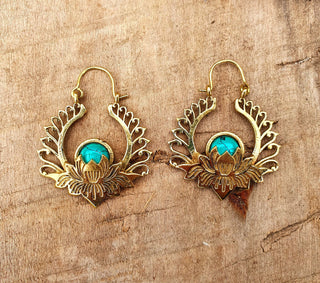 Golden Lotus Flower Turquoise Earrings rustic, yoga, hippie, gypsy, pretty, psy, boho, bohemian, festival