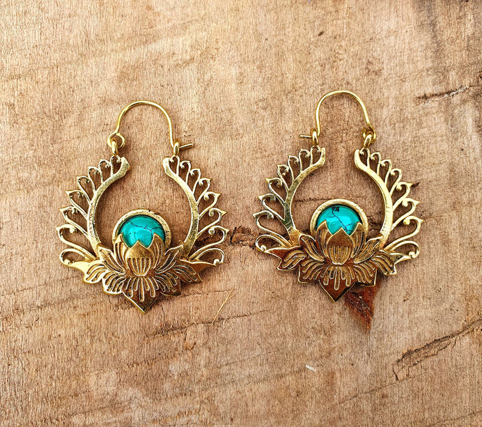 Golden Lotus Flower Turquoise Earrings rustic, yoga, hippie, gypsy, pretty, psy, boho, bohemian, festival