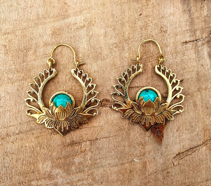 Golden Lotus Flower Turquoise Earrings rustic, yoga, hippie, gypsy, pretty, psy, boho, bohemian, festival