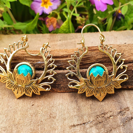 Golden Lotus Flower Turquoise Earrings rustic, yoga, hippie, gypsy, pretty, psy, boho, bohemian, festival