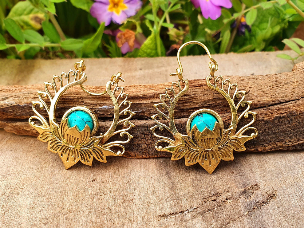 Golden Lotus Flower Turquoise Earrings rustic, yoga, hippie, gypsy, pretty, psy, boho, bohemian, festival