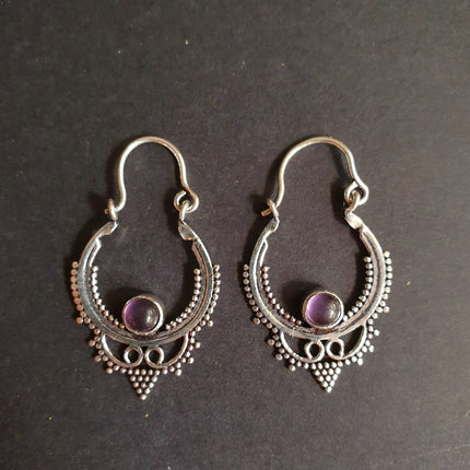 Mini Boho Hoops Amethyst Silver Earrings / Triangle / Mandala / Ethnic / Rustic / Yoga / Hippie / Gypsy / Psy / Bohemian / Festival