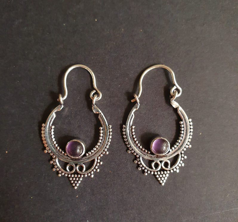 Mini Boho Hoops Amethyst Silver Earrings / Triangle / Mandala / Ethnic / Rustic / Yoga / Hippie / Gypsy / Psy / Bohemian / Festival