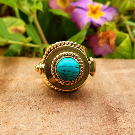 Gold Poison Ring / Brass & Turquoise / Alchemy / Locket Ring / Boho / Bohemian / Rustic / Tribal / Gypsy / Festival / Healing / Festival