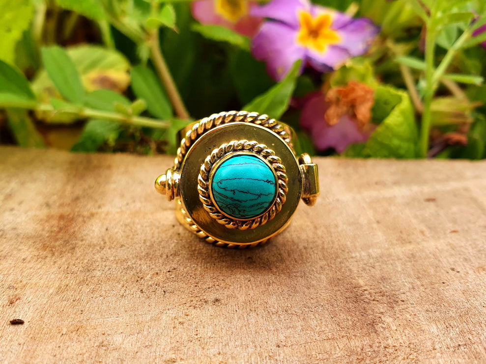 Gold Poison Ring / Brass & Turquoise / Alchemy / Locket Ring / Boho / Bohemian / Rustic / Tribal / Gypsy / Festival / Healing / Festival