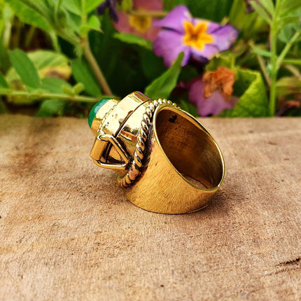 Gold Poison Ring / Brass & Green Onyx / Alchemy / Locket Ring / Boho / Bohemian / Rustic / Tribal / Gypsy / Festival / Healing / Festival