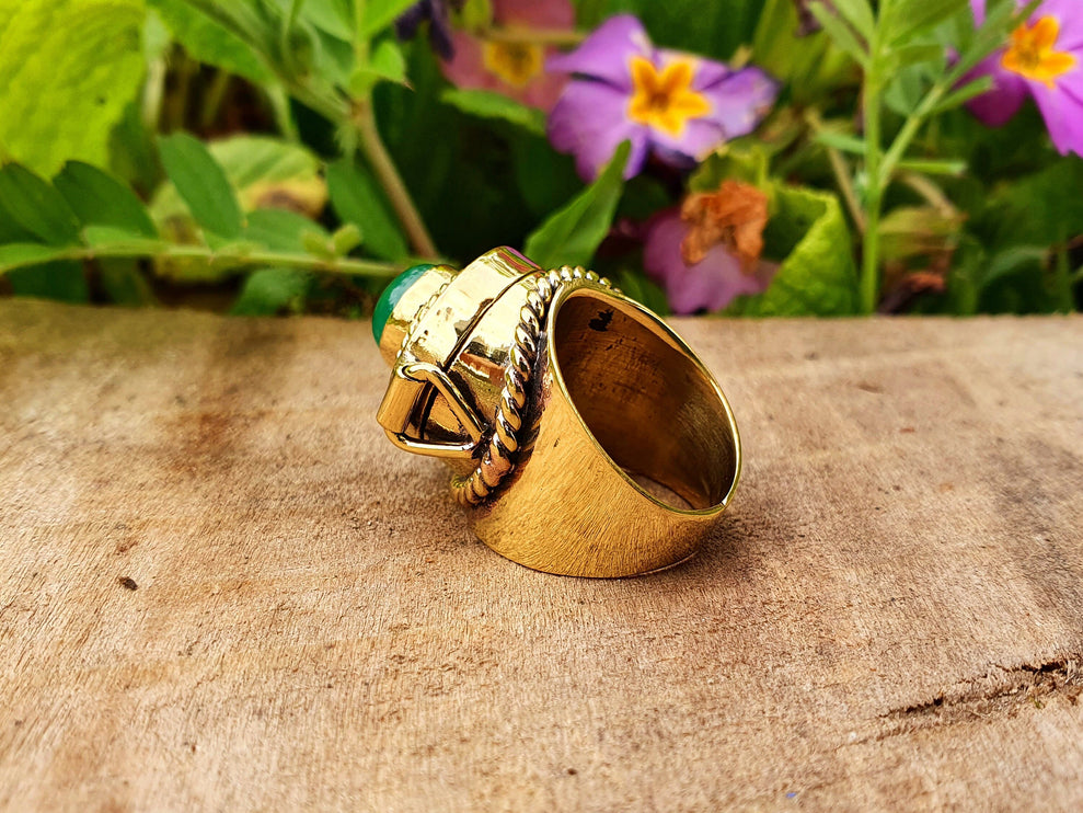 Gold Poison Ring / Brass & Green Onyx / Alchemy / Locket Ring / Boho / Bohemian / Rustic / Tribal / Gypsy / Festival / Healing / Festival