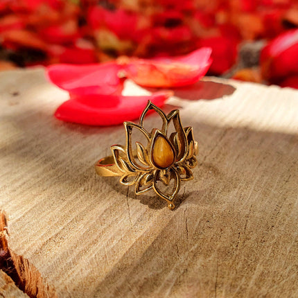 Gold Lotus Flower Ring / Tiger Eye / Boho / Ethnic / Rustic / Tribal / Gypsy / Festival / Indian / Healing / Festival