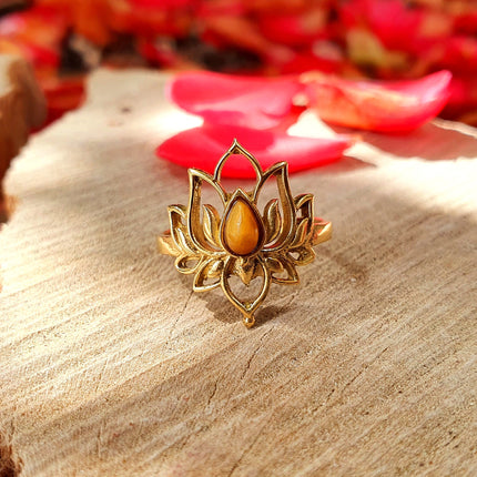 Gold Lotus Flower Ring / Tiger Eye / Boho / Ethnic / Rustic / Tribal / Gypsy / Festival / Indian / Healing / Festival