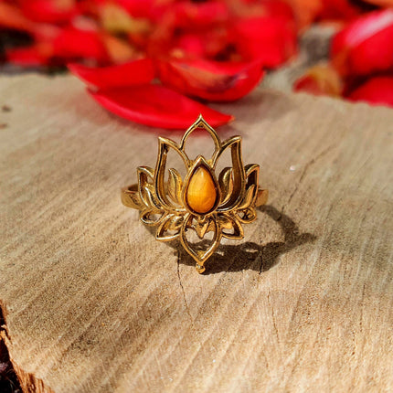 Gold Lotus Flower Ring / Tiger Eye / Boho / Ethnic / Rustic / Tribal / Gypsy / Festival / Indian / Healing / Festival