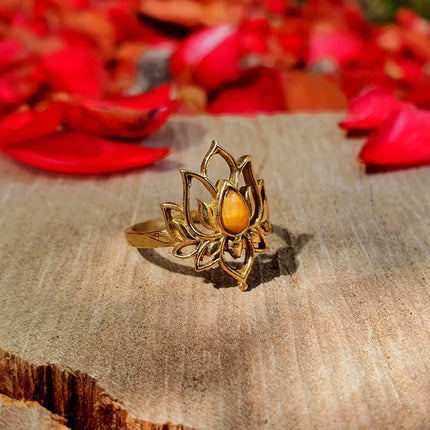 Gold Lotus Flower Ring / Tiger Eye / Boho / Ethnic / Rustic / Tribal / Gypsy / Festival / Indian / Healing / Festival