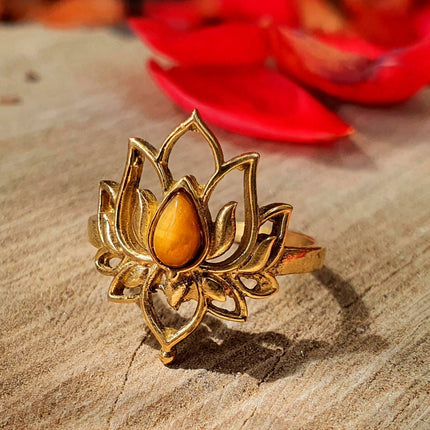 Gold Lotus Flower Ring / Tiger Eye / Boho / Ethnic / Rustic / Tribal / Gypsy / Festival / Indian / Healing / Festival