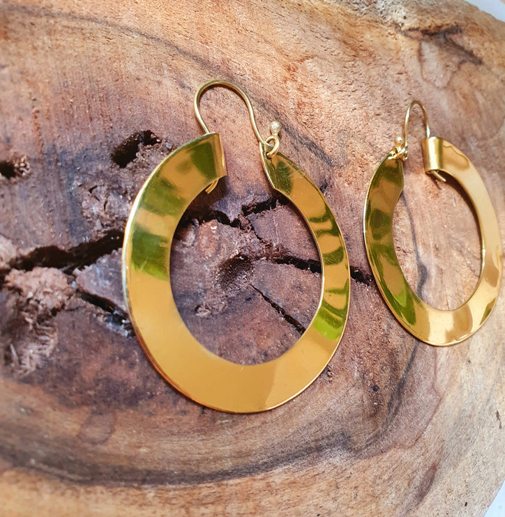 Wide Flat Gold Hoops / Funky Gold Hoop Earrings / Ethnic Boho Classic XL Bohemian Chic Gold Gypsy Spiral Hippie Hiphop Festival