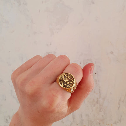 Golden Eye of Providence Ring / Mens Ring / Illuminati / Signet Ring / Third Eye / Boho / Ethnic / Rustic / Gypsy / Psy / Thumb / Psy