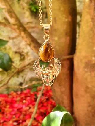 Golden Scarab Necklace / Tiger Eye / Talisman / Third Eye / Hypoallergenic / Brass / Boho / Inca / Ethnic / Illuminati