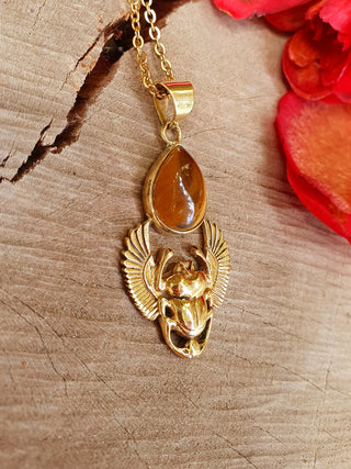 Golden Scarab Necklace / Tiger Eye / Talisman / Third Eye / Hypoallergenic / Brass / Boho / Inca / Ethnic / Illuminati