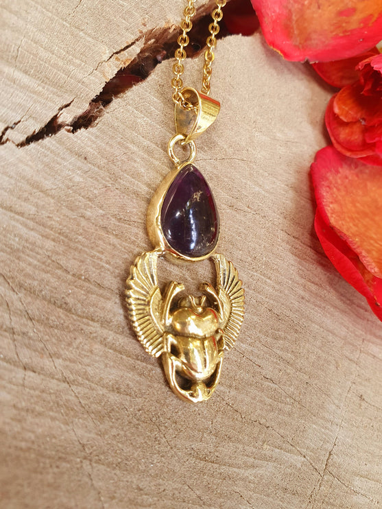 Golden Scarab Necklace / Amethyst / Talisman / Third Eye / Hypoallergenic / Brass / Boho / Inca / Ethnic / Illuminati