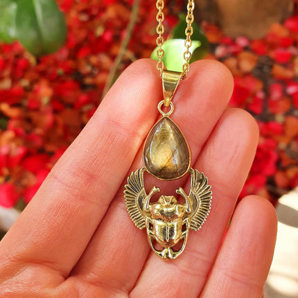 Golden Scarab Labradorite Necklace / Talisman / Third Eye / Hypoallergenic / Brass / Boho / Inca / Ethnic / Illuminati