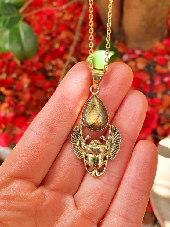 Golden Scarab Labradorite Necklace / Talisman / Third Eye / Hypoallergenic / Brass / Boho / Inca / Ethnic / Illuminati