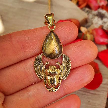 Golden Scarab Labradorite Necklace / Talisman / Third Eye / Hypoallergenic / Brass / Boho / Inca / Ethnic / Illuminati