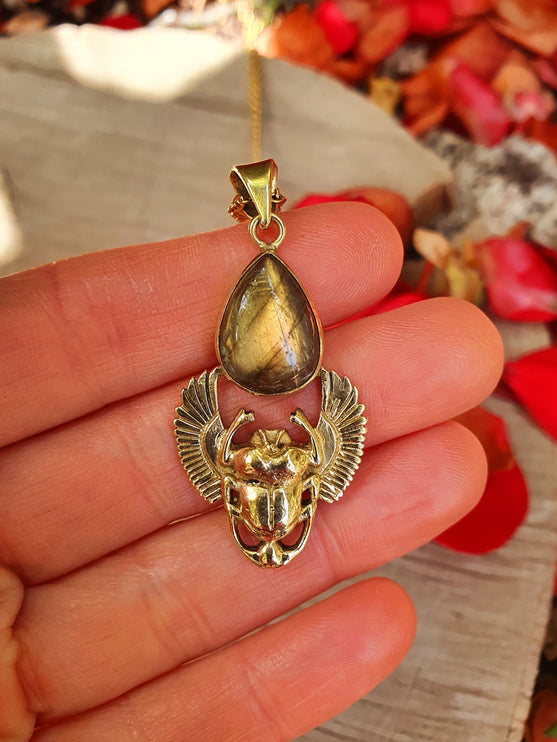 Golden Scarab Labradorite Necklace / Talisman / Third Eye / Hypoallergenic / Brass / Boho / Inca / Ethnic / Illuminati