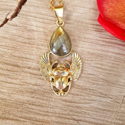 Golden Scarab Labradorite Necklace / Talisman / Third Eye / Hypoallergenic / Brass / Boho / Inca / Ethnic / Illuminati