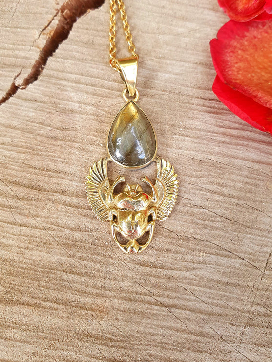 Golden Scarab Labradorite Necklace / Talisman / Third Eye / Hypoallergenic / Brass / Boho / Inca / Ethnic / Illuminati