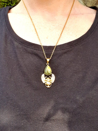 Golden Scarab Necklace / Labradorite / Talisman / Third Eye / Hypoallergenic / Brass / Boho / Inca / Ethnic / Illuminati