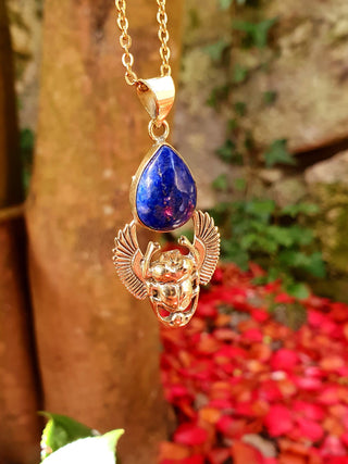 Golden Scarab Necklace / Lapis Lazuli / Talisman / Third Eye / Hypoallergenic / Brass / Boho / Inca / Ethnic / Illuminati