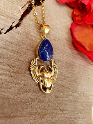 Golden Scarab Necklace / Lapis Lazuli / Talisman / Third Eye / Hypoallergenic / Brass / Boho / Inca / Ethnic / Illuminati