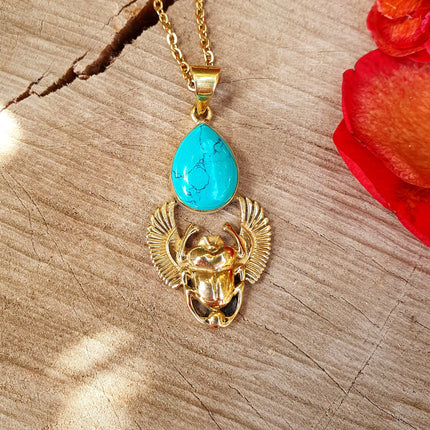 Golden Scarab Necklace / Turquoise / Talisman / Third Eye / Hypoallergenic / Brass / Boho / Inca / Ethnic / Illuminati