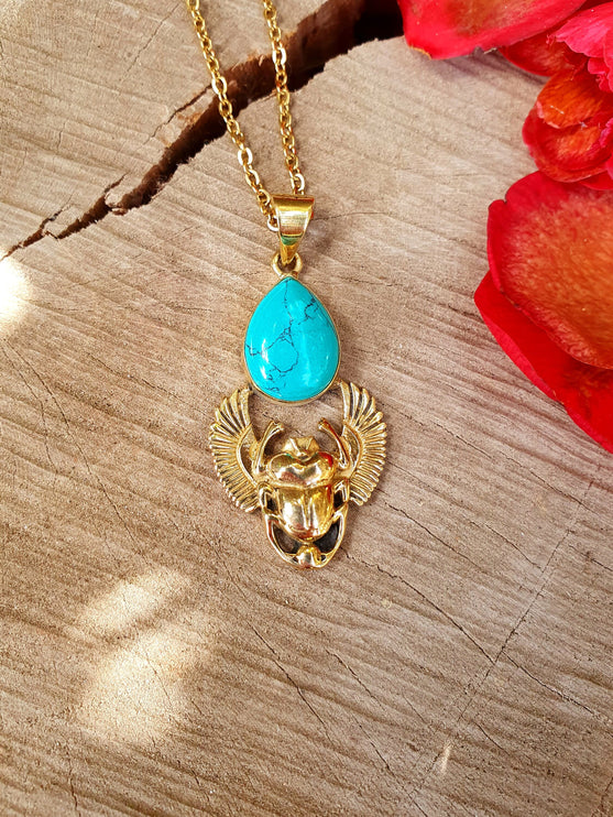 Golden Scarab Necklace / Turquoise / Talisman / Third Eye / Hypoallergenic / Brass / Boho / Inca / Ethnic / Illuminati