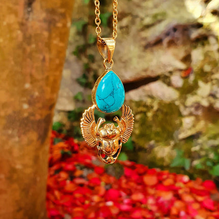 Golden Scarab Necklace / Turquoise / Talisman / Third Eye / Hypoallergenic / Brass / Boho / Inca / Ethnic / Illuminati