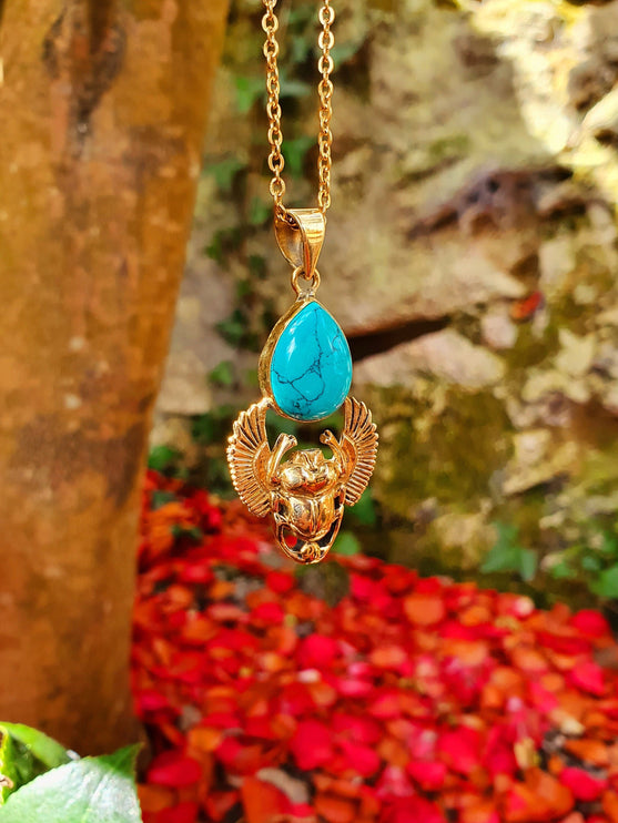 Golden Scarab Necklace / Turquoise / Talisman / Third Eye / Hypoallergenic / Brass / Boho / Inca / Ethnic / Illuminati