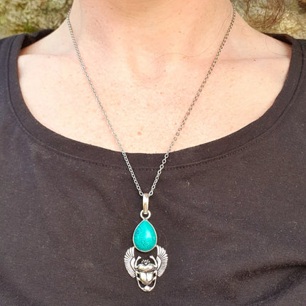 Silver Scarab Necklace / Turquoise / Talisman / Third Eye / Hypoallergenic / Boho / Inca / Ethnic / Illuminati