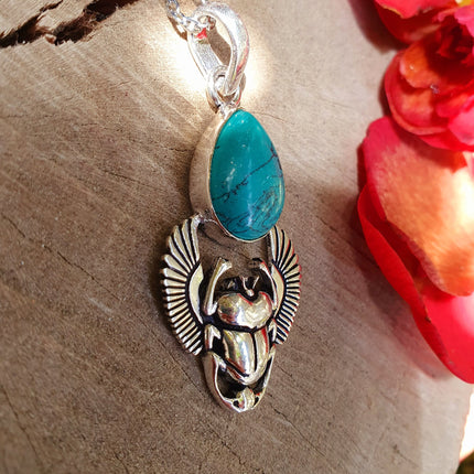 Silver Scarab Necklace / Turquoise / Talisman / Third Eye / Hypoallergenic / Boho / Inca / Ethnic / Illuminati