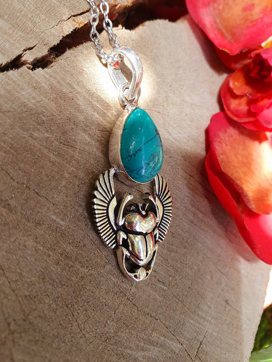 Silver Scarab Necklace / Turquoise / Talisman / Third Eye / Hypoallergenic / Boho / Inca / Ethnic / Illuminati