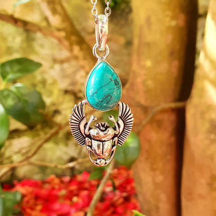 Silver Scarab Necklace / Turquoise / Talisman / Third Eye / Hypoallergenic / Boho / Inca / Ethnic / Illuminati