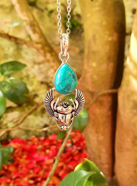 Silver Scarab Necklace / Turquoise / Talisman / Third Eye / Hypoallergenic / Boho / Inca / Ethnic / Illuminati