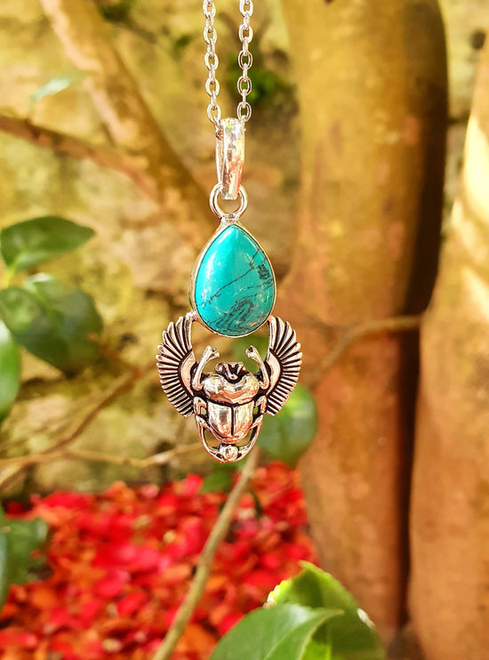 Silver Scarab Necklace / Turquoise / Talisman / Third Eye / Hypoallergenic / Boho / Inca / Ethnic / Illuminati