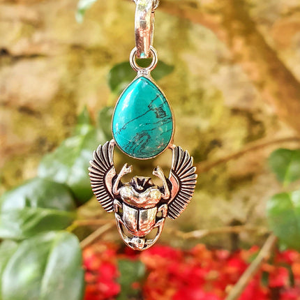 Silver Scarab Necklace / Turquoise / Talisman / Third Eye / Hypoallergenic / Boho / Inca / Ethnic / Illuminati